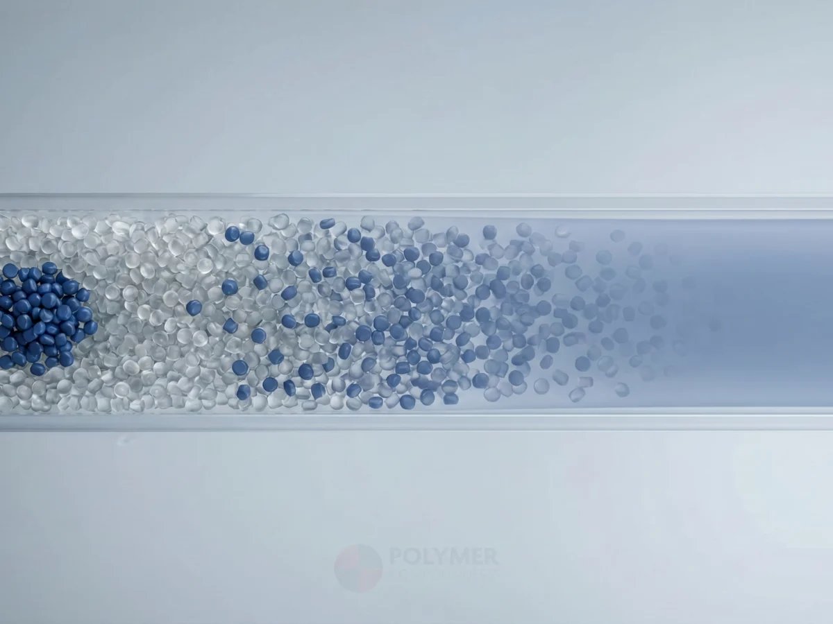 Illustration showing concentrated masterbatch pellets dispersing into base polymer material